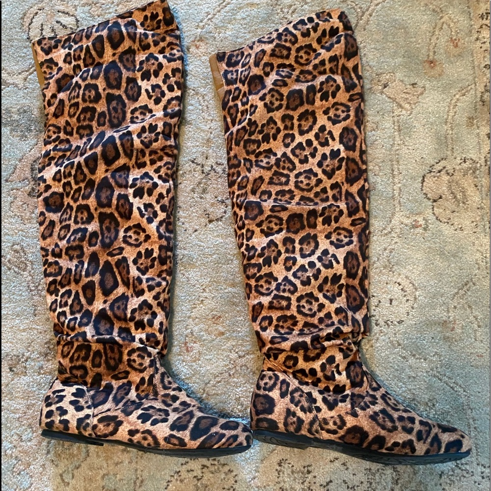 Leopard over the knee flat boots